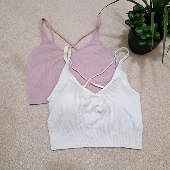 Lemon Set Of 2 Ribbed Yoga Bras Women's Size Large Cream Pink Seamless Lounge - Picture 6 of 15
